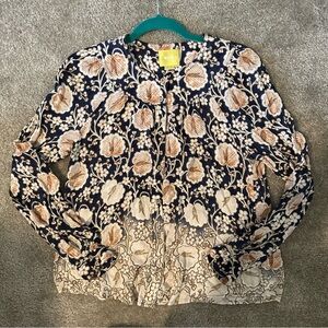 Maeve Anthropologie Women's Blouse Floral Button Front Navy Blue Tan Cream sz S